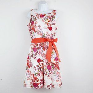 Garnet Hill Dress 6 White Floral A-Line Knee Length Sleeveless Belted Lined Zips